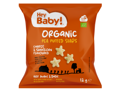 Hey Baby! Organic Pea Puffed Stars Carrot & Sweetcorn Flavoured Βιολογικό Σνακ Καλαμποκιού με Γεύση Καρότο & Γλυκό Καλαμπόκι, 12g