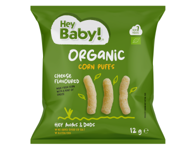 Hey Baby! Organic Corn Puffs Cheese Flavoured Βιολογικό Σνακ Καλαμποκιού με Γεύση Τυρί, 12g