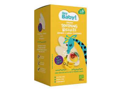 Hey Baby! Organic Teething Biscuits Banana & Mango Flavoured Βιολογικές Ρυζογκοφρέτες με Γεύση Μπανάνα & Μάνγκο, 21g