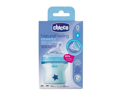 Chicco Natural Feeling Πλαστικό Μπιμπερό με Θηλή Σιλικόνης, Κανονικής Ροής, Σιέλ, 0m+, 150ml