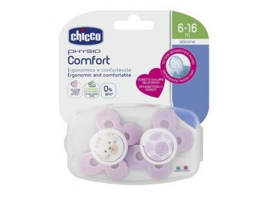 Chicco Physio Comfort, Εργονομική Πιπίλα Ροζ με Θηλή Σιλικόνης για Ηλικίες 6-16m, 2τμχ